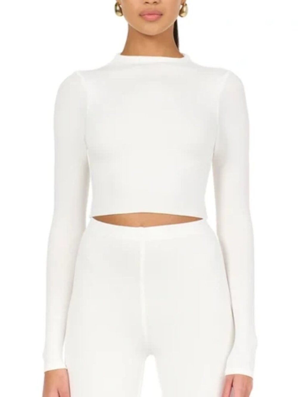 Naked Wardrobe Smooth Mock neck Crop Top White Long Sleeve Fitted Size S NWT